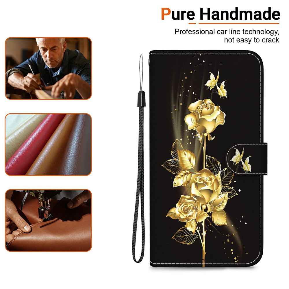 For Samsung Galaxy A57 5G Wallet Phone Case Anti-Drop Pattern Printing Leather Flip Cover with Strap - Gold Butterfly Rose