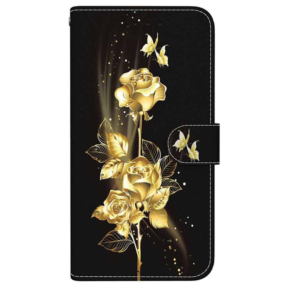 For Samsung Galaxy A57 5G Wallet Phone Case Anti-Drop Pattern Printing Leather Flip Cover with Strap - Gold Butterfly Rose