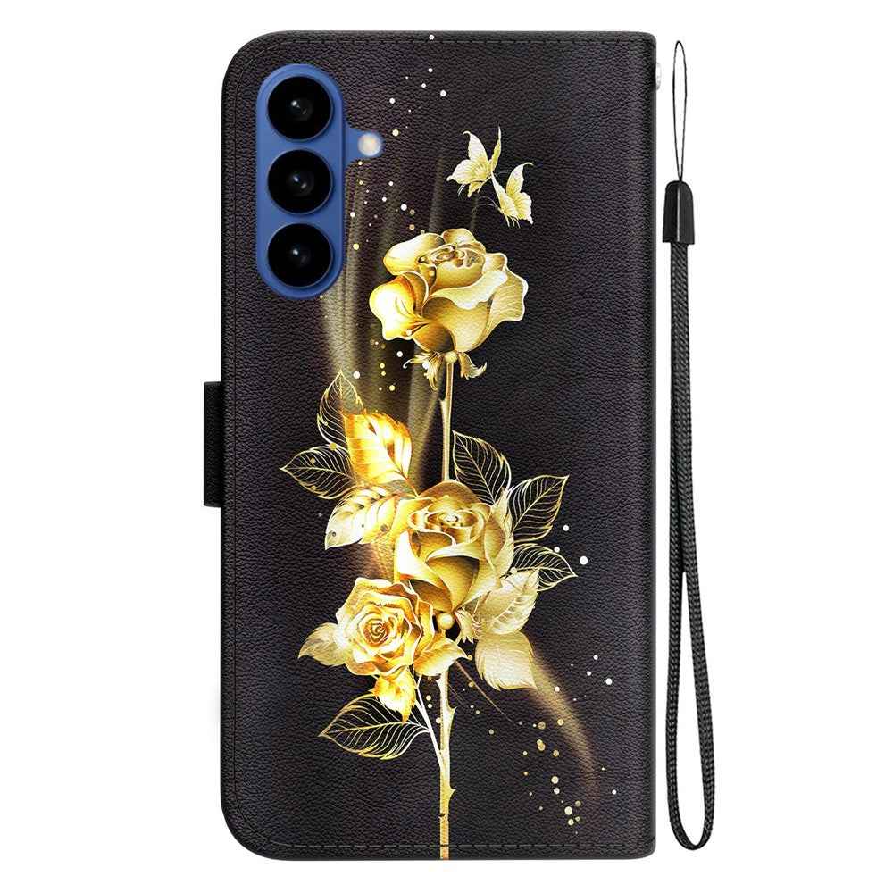 For Samsung Galaxy A57 5G Wallet Phone Case Anti-Drop Pattern Printing Leather Flip Cover with Strap - Gold Butterfly Rose