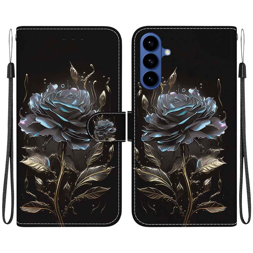 For Samsung Galaxy A57 5G Wallet Phone Case Anti-Drop Pattern Printing Leather Flip Cover with Strap - Black Rose
