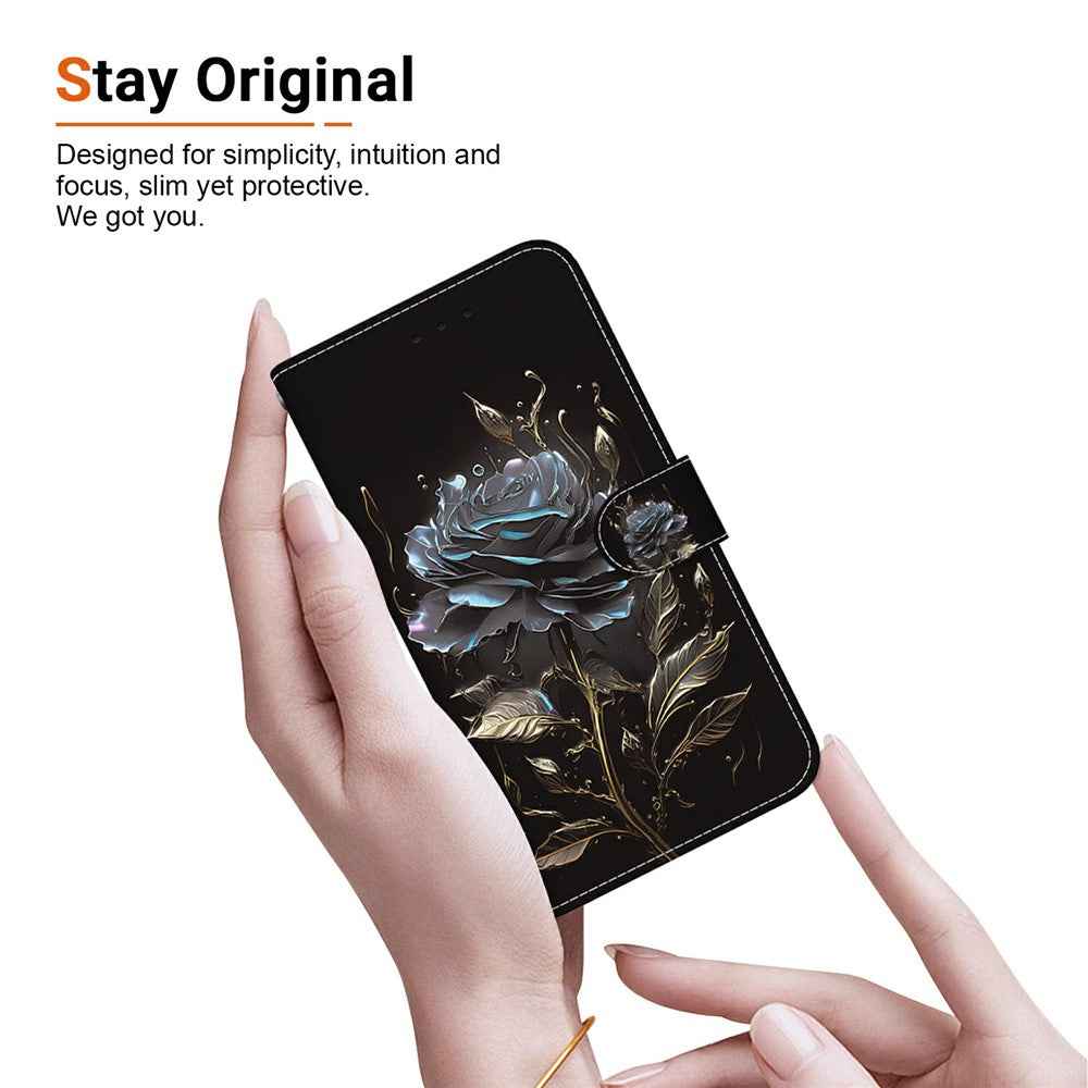 For Samsung Galaxy A57 5G Wallet Phone Case Anti-Drop Pattern Printing Leather Flip Cover with Strap - Black Rose