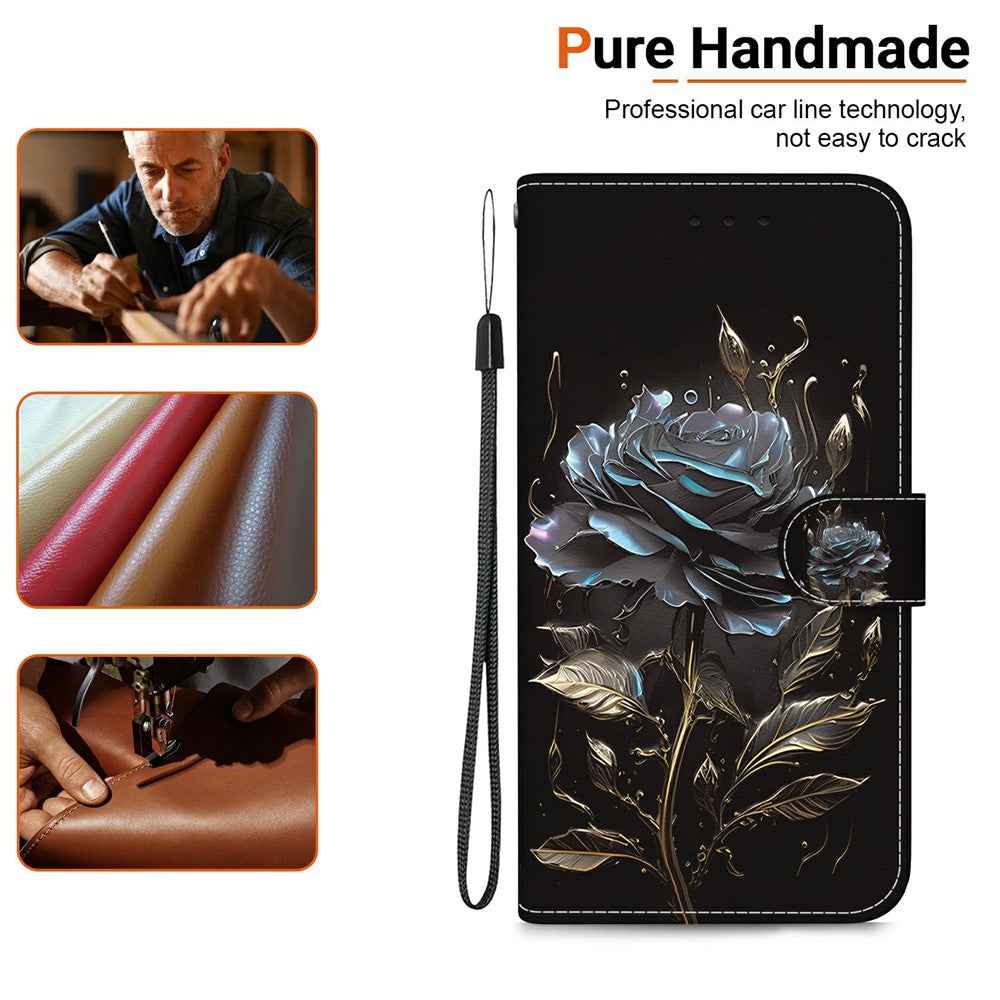 For Samsung Galaxy A57 5G Wallet Phone Case Anti-Drop Pattern Printing Leather Flip Cover with Strap - Black Rose
