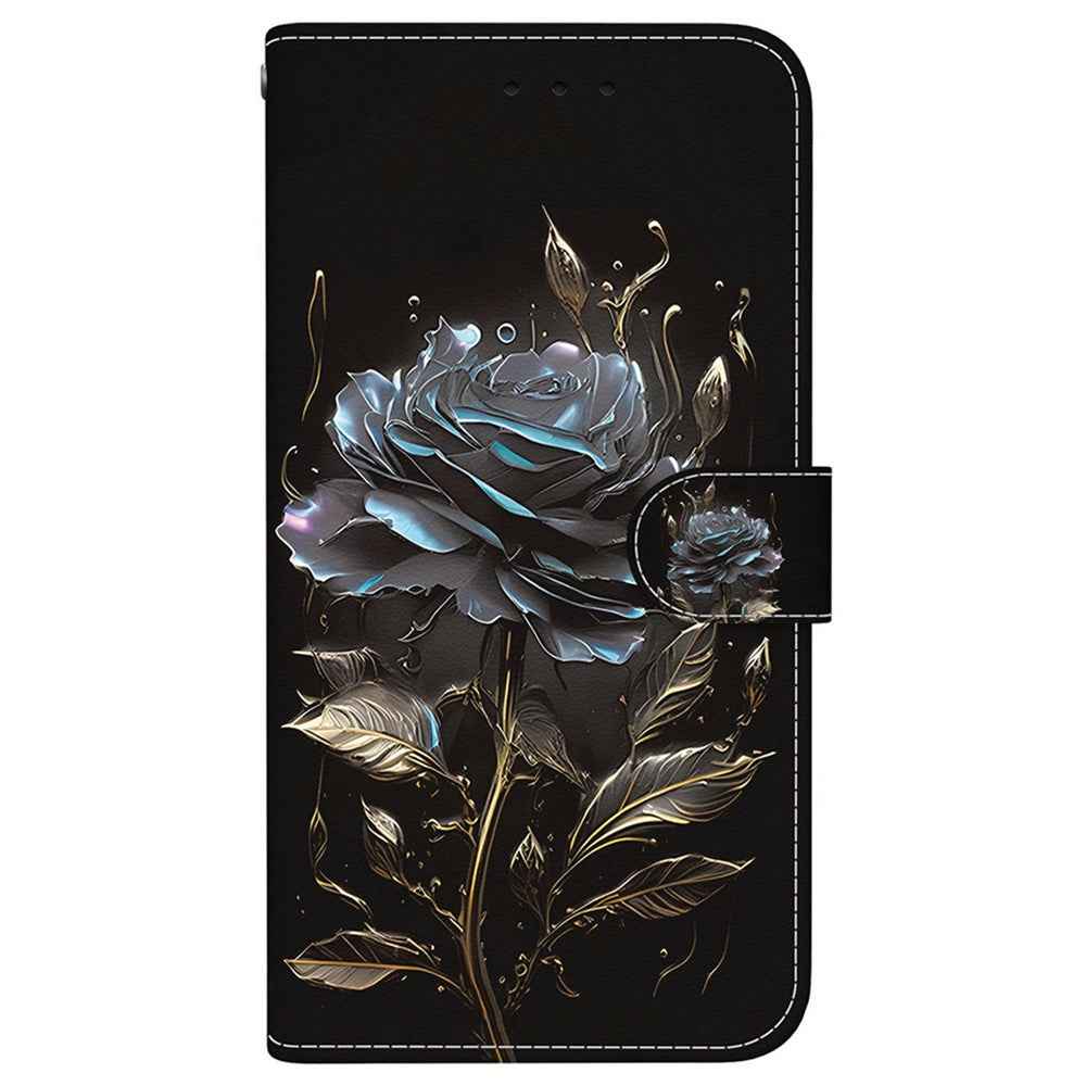 For Samsung Galaxy A57 5G Wallet Phone Case Anti-Drop Pattern Printing Leather Flip Cover with Strap - Black Rose