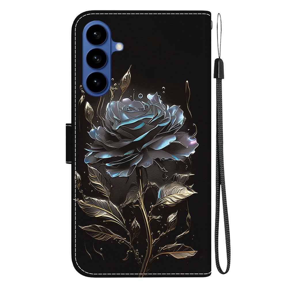 For Samsung Galaxy A57 5G Wallet Phone Case Anti-Drop Pattern Printing Leather Flip Cover with Strap - Black Rose
