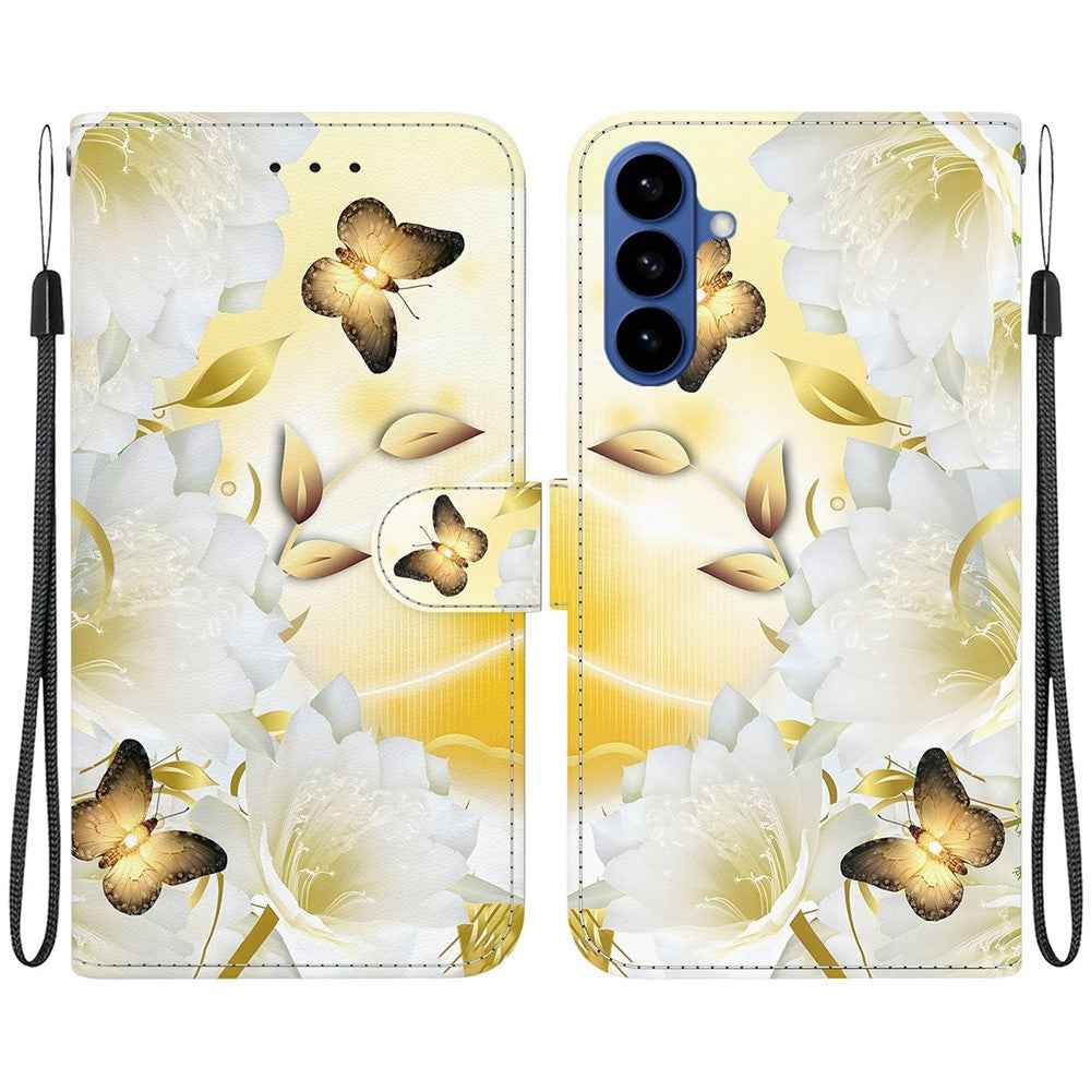 For Samsung Galaxy A57 5G Wallet Phone Case Anti-Drop Pattern Printing Leather Flip Cover with Strap - Gold Butterfly Flower