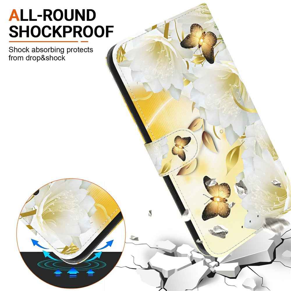 For Samsung Galaxy A57 5G Wallet Phone Case Anti-Drop Pattern Printing Leather Flip Cover with Strap - Gold Butterfly Flower
