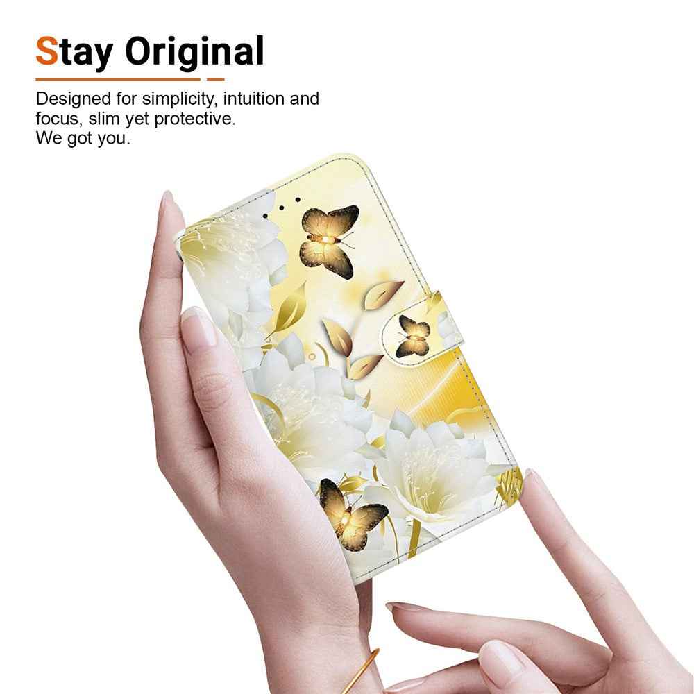 For Samsung Galaxy A57 5G Wallet Phone Case Anti-Drop Pattern Printing Leather Flip Cover with Strap - Gold Butterfly Flower