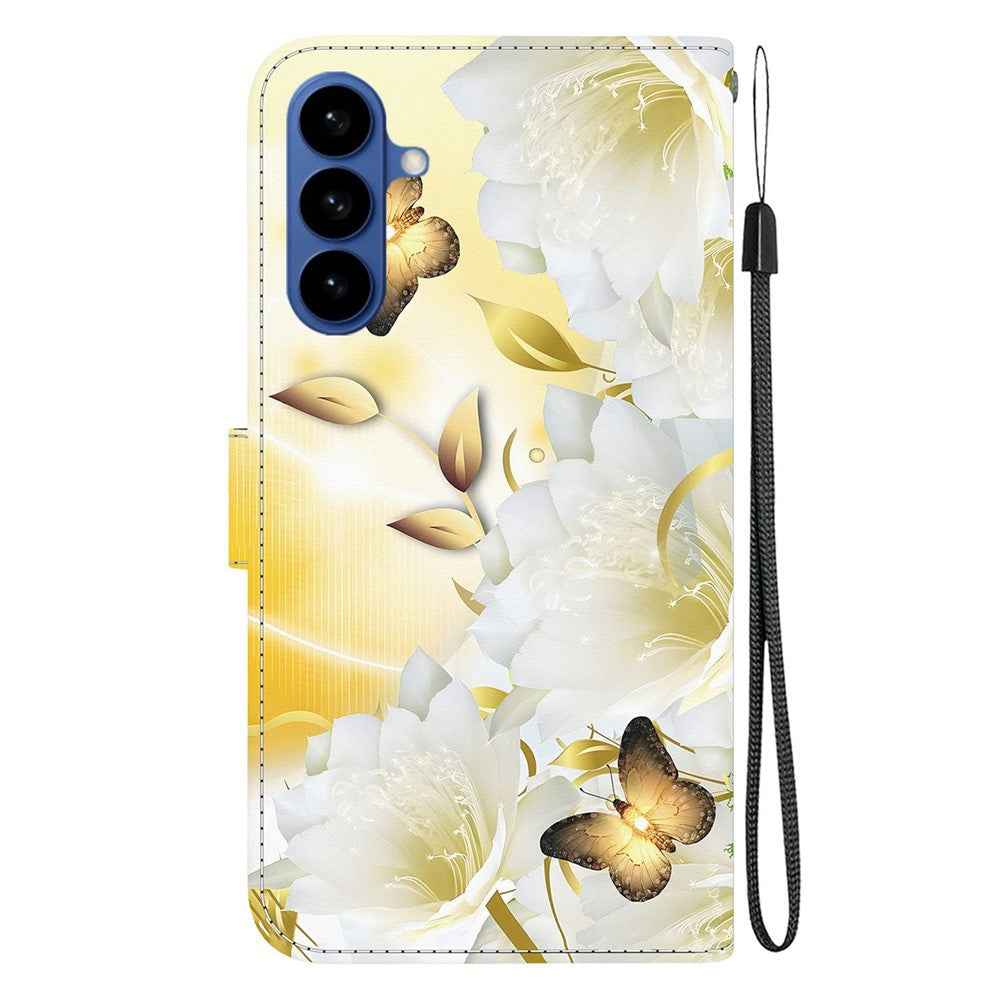 For Samsung Galaxy A57 5G Wallet Phone Case Anti-Drop Pattern Printing Leather Flip Cover with Strap - Gold Butterfly Flower