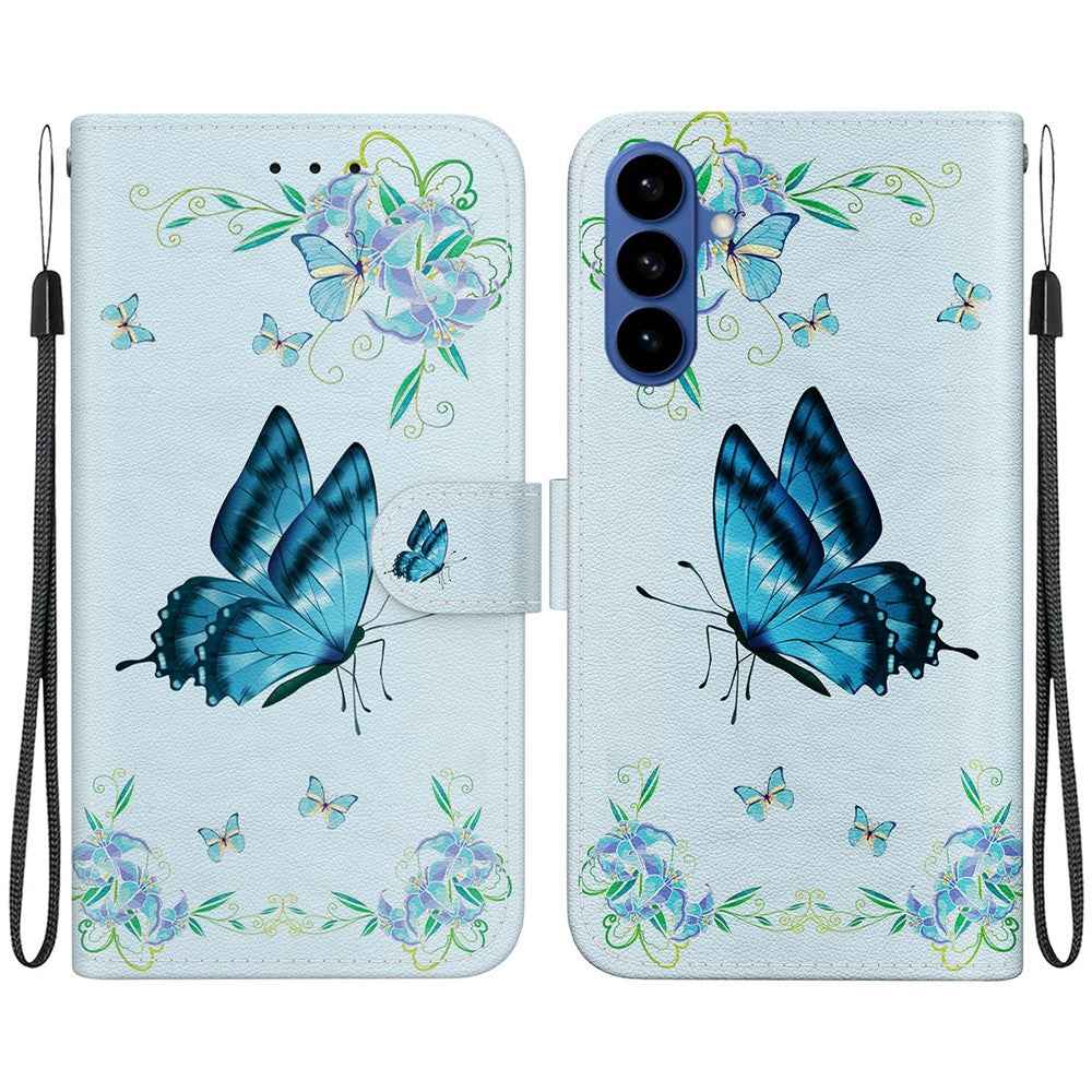 For Samsung Galaxy A57 5G Wallet Phone Case Anti-Drop Pattern Printing Leather Flip Cover with Strap - Blue Butterfly Flower