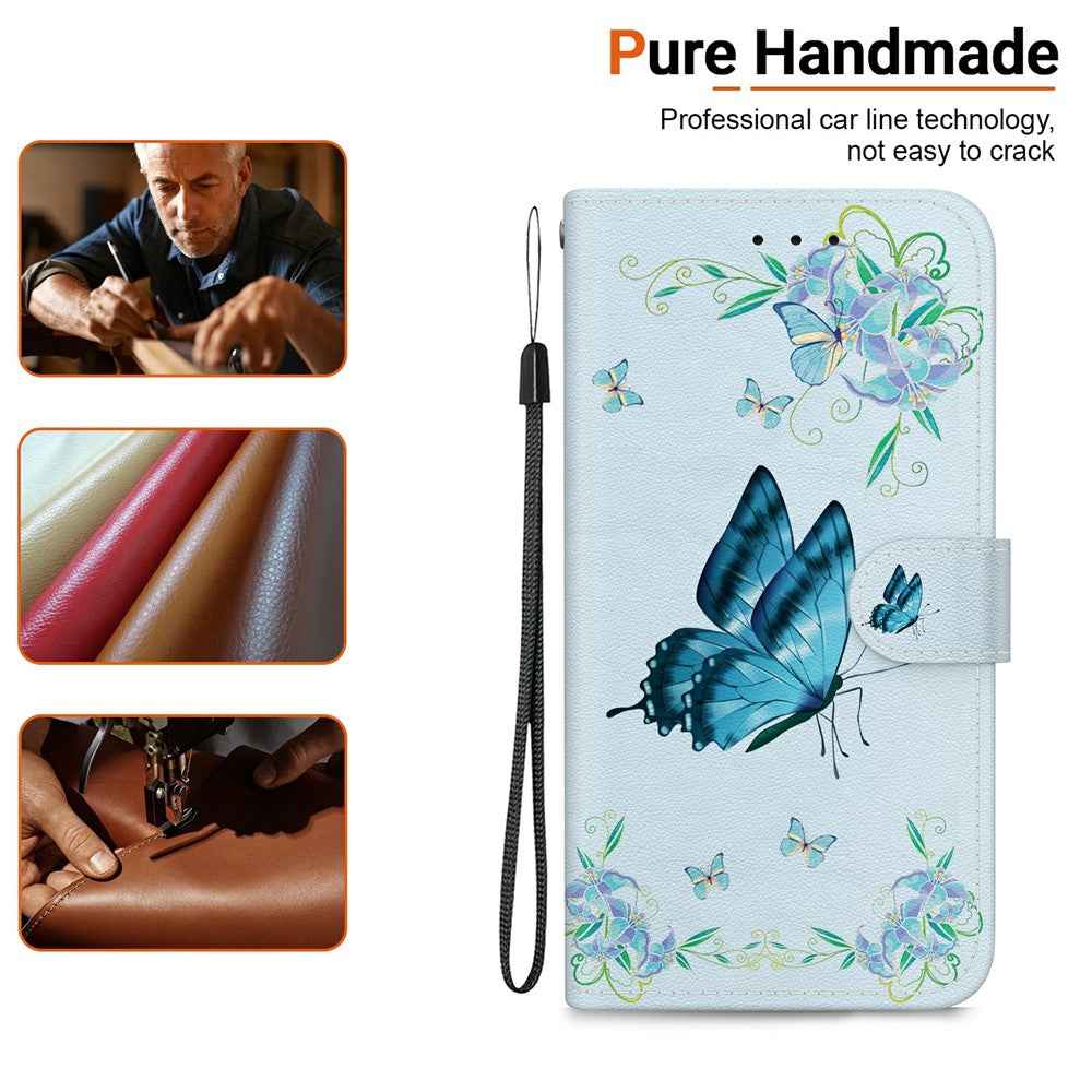 For Samsung Galaxy A57 5G Wallet Phone Case Anti-Drop Pattern Printing Leather Flip Cover with Strap - Blue Butterfly Flower