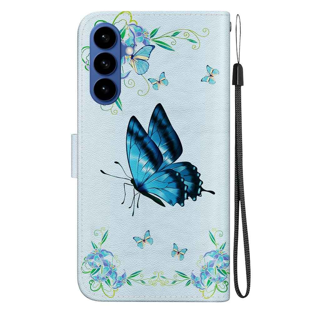 For Samsung Galaxy A57 5G Wallet Phone Case Anti-Drop Pattern Printing Leather Flip Cover with Strap - Blue Butterfly Flower