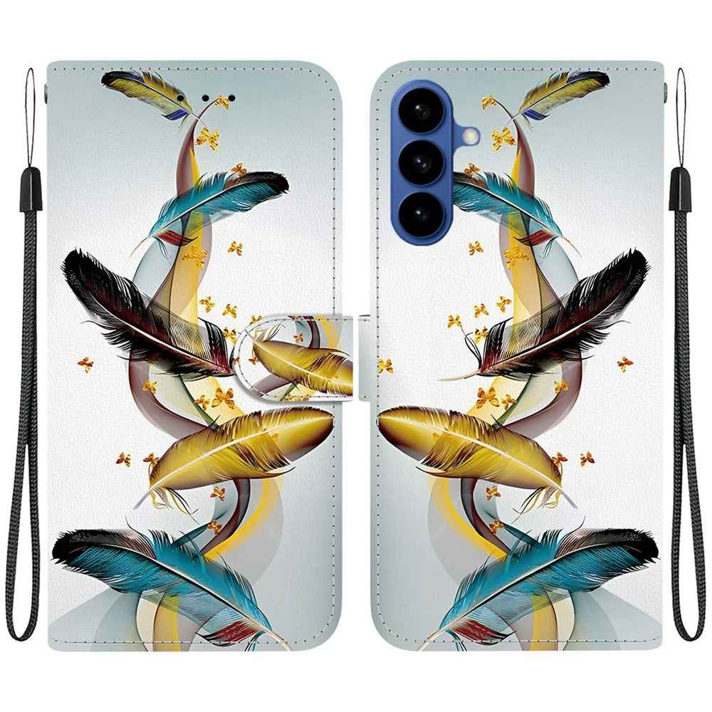 For Samsung Galaxy A57 5G Case Pattern Printing Leather Flip Wallet Phone Cover with Lanyard - Golden Butterfly Feather