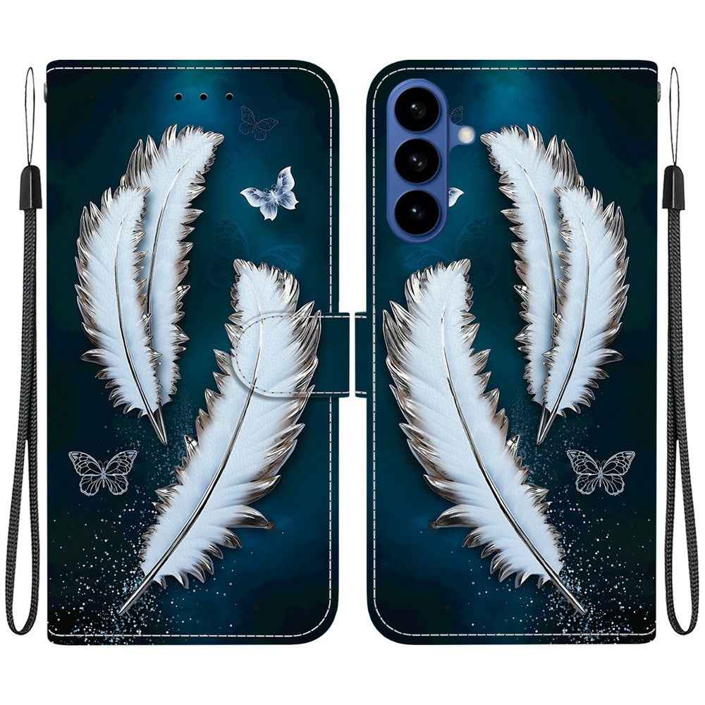For Samsung Galaxy A57 5G Case Pattern Printing Leather Flip Wallet Phone Cover with Lanyard - White Butterfly Feather