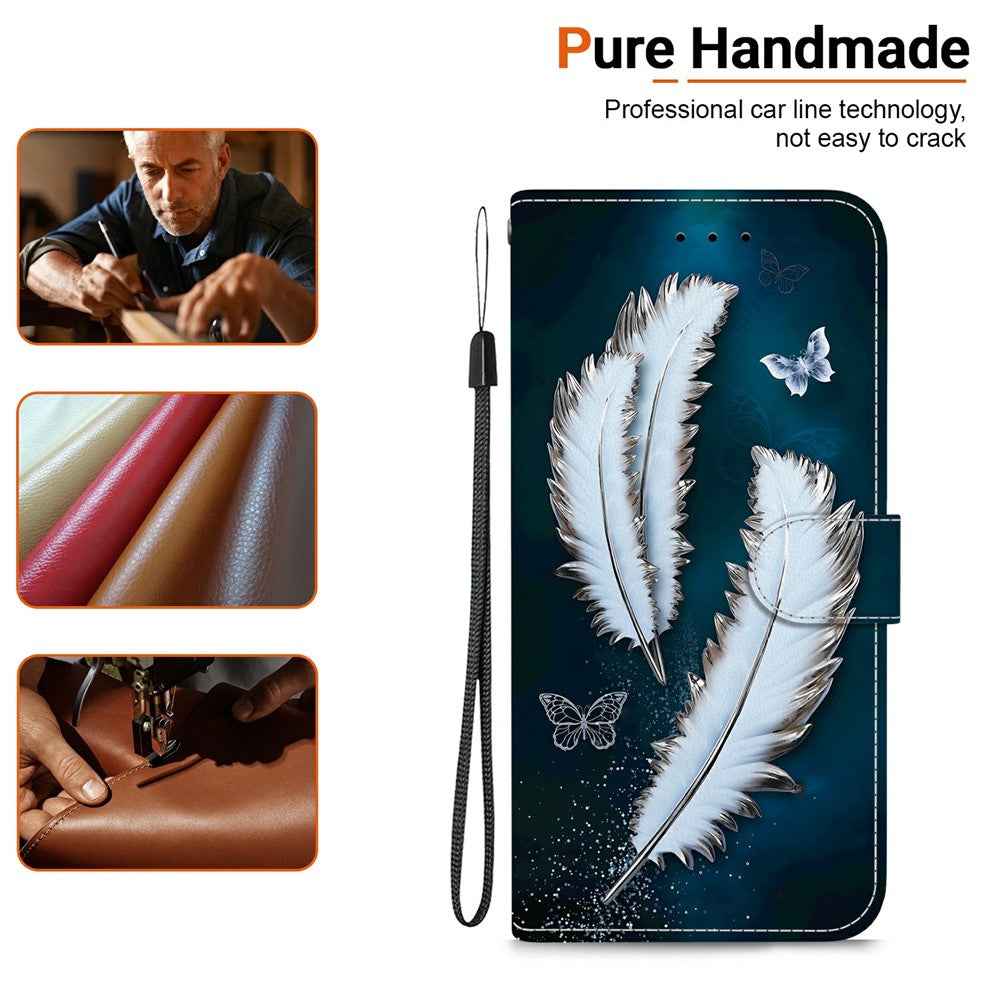 For Samsung Galaxy A57 5G Case Pattern Printing Leather Flip Wallet Phone Cover with Lanyard - White Butterfly Feather