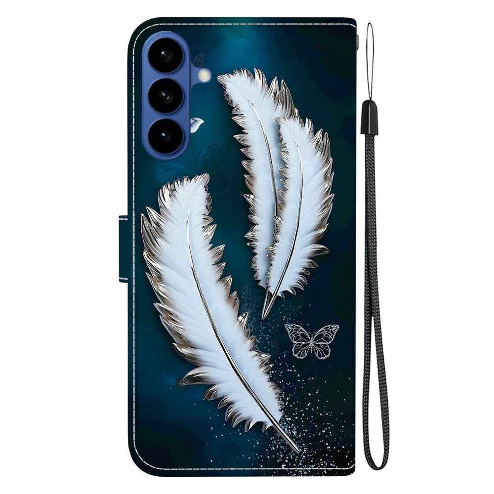 For Samsung Galaxy A57 5G Case Pattern Printing Leather Flip Wallet Phone Cover with Lanyard - White Butterfly Feather