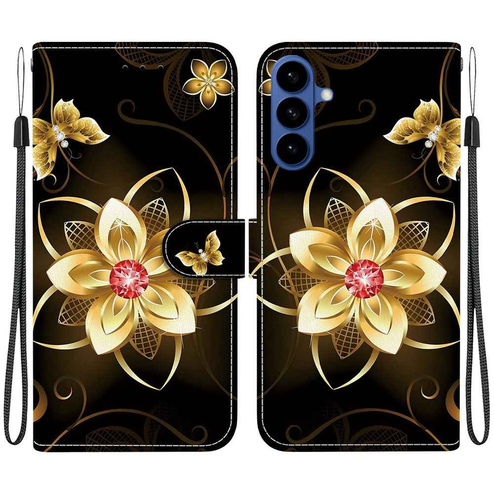 For Samsung Galaxy A57 5G Case Pattern Printing Leather Flip Wallet Phone Cover with Lanyard - Golden Flower