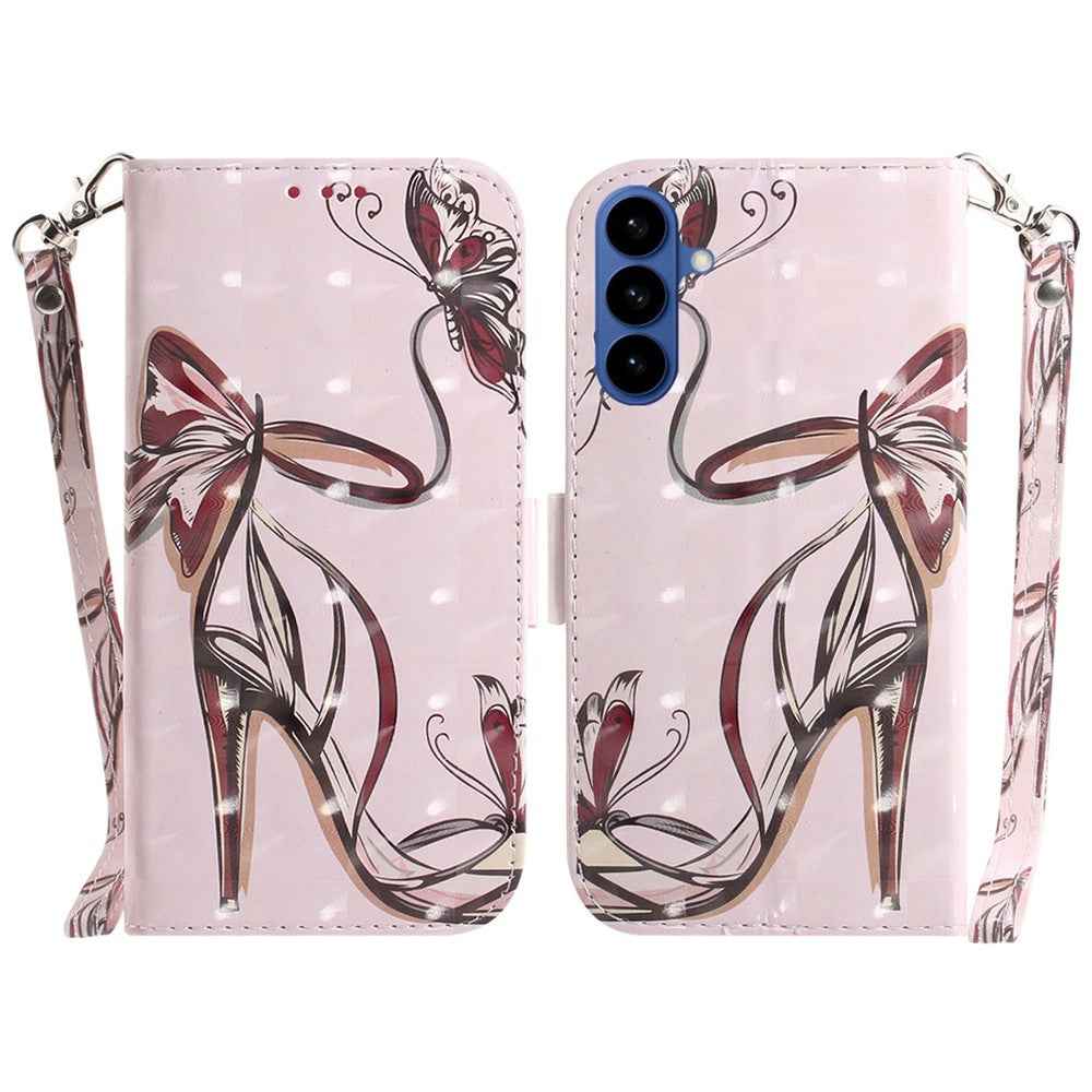 For Samsung Galaxy A57 5G Case Pattern Printing Leather Wallet Phone Cover with Wrist Strap - Butterfly High Heels