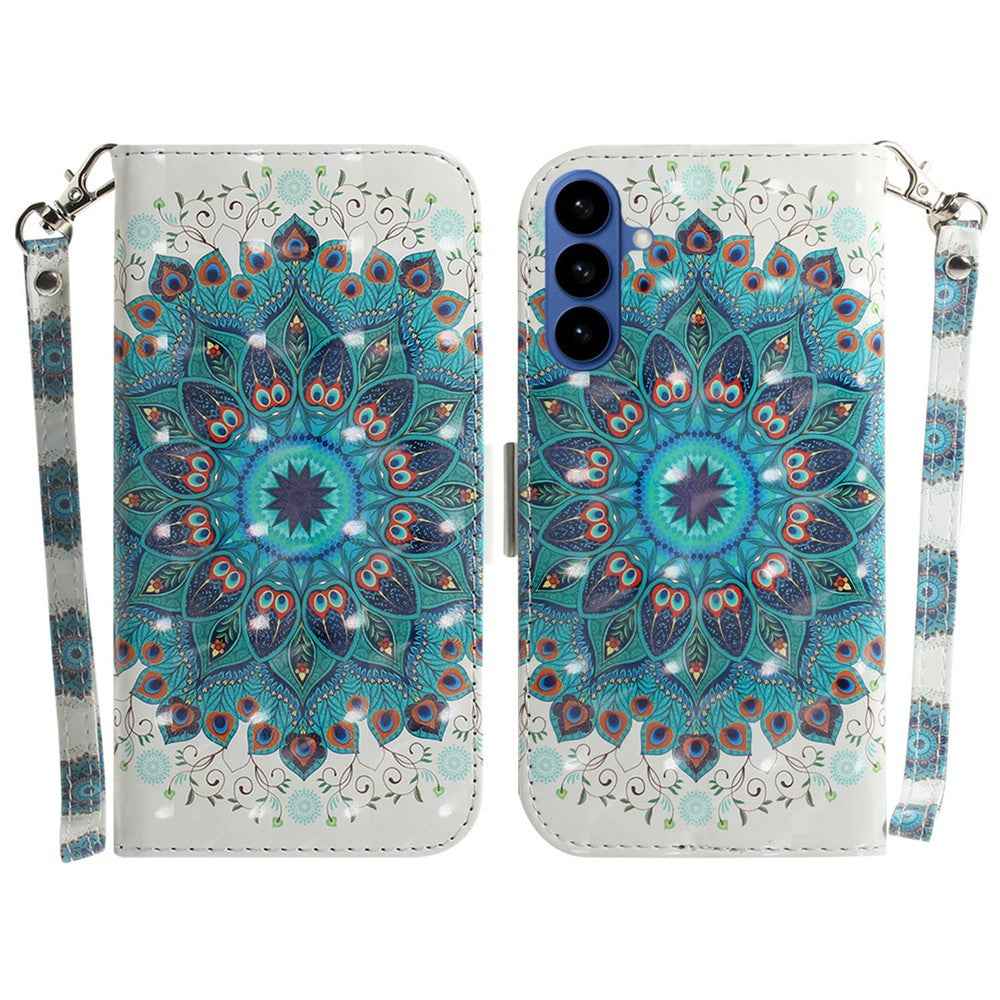 For Samsung Galaxy A57 5G Case Pattern Printing Leather Wallet Phone Cover with Wrist Strap - Peacock Wreath