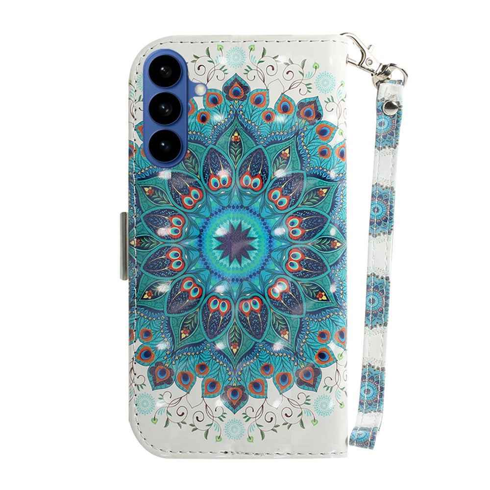 For Samsung Galaxy A57 5G Case Pattern Printing Leather Wallet Phone Cover with Wrist Strap - Peacock Wreath