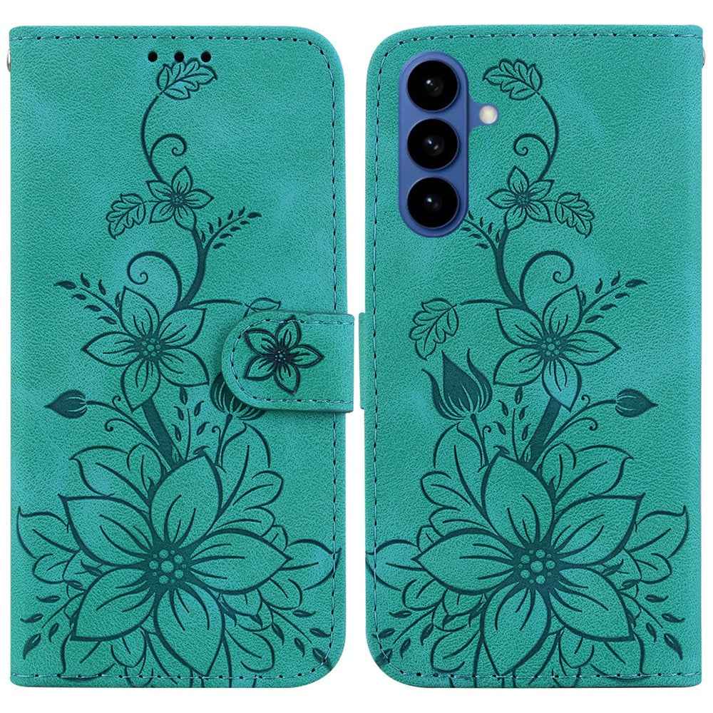 For Samsung Galaxy A57 5G Stand Case Lily Flower Imprint Leather Phone Cover with Wrist Strap - Green