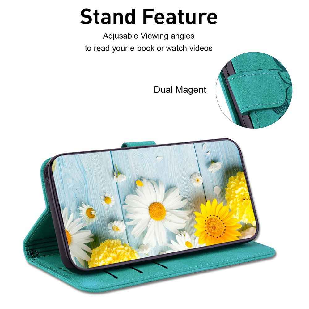 For Samsung Galaxy A57 5G Stand Case Lily Flower Imprint Leather Phone Cover with Wrist Strap - Green