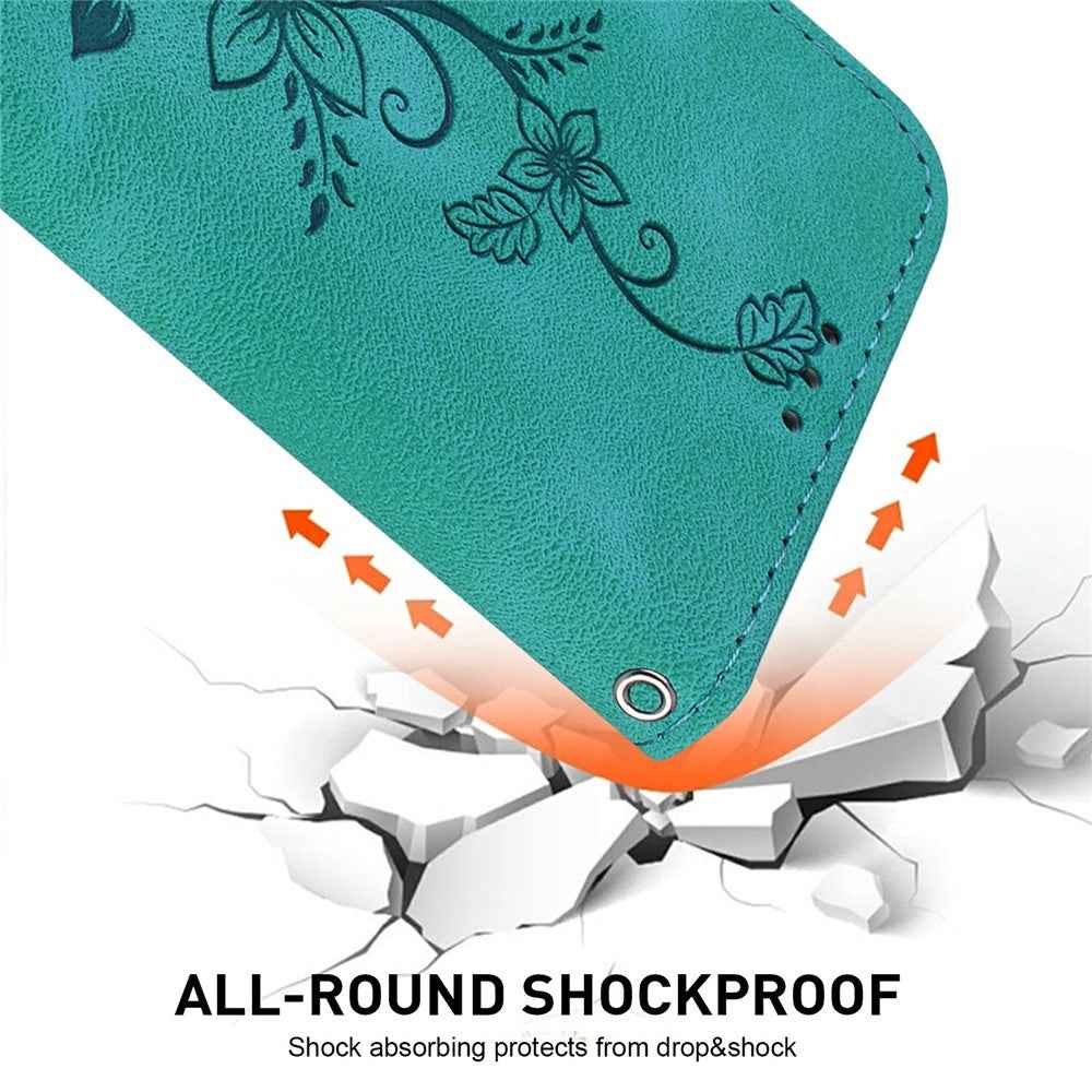 For Samsung Galaxy A57 5G Stand Case Lily Flower Imprint Leather Phone Cover with Wrist Strap - Green