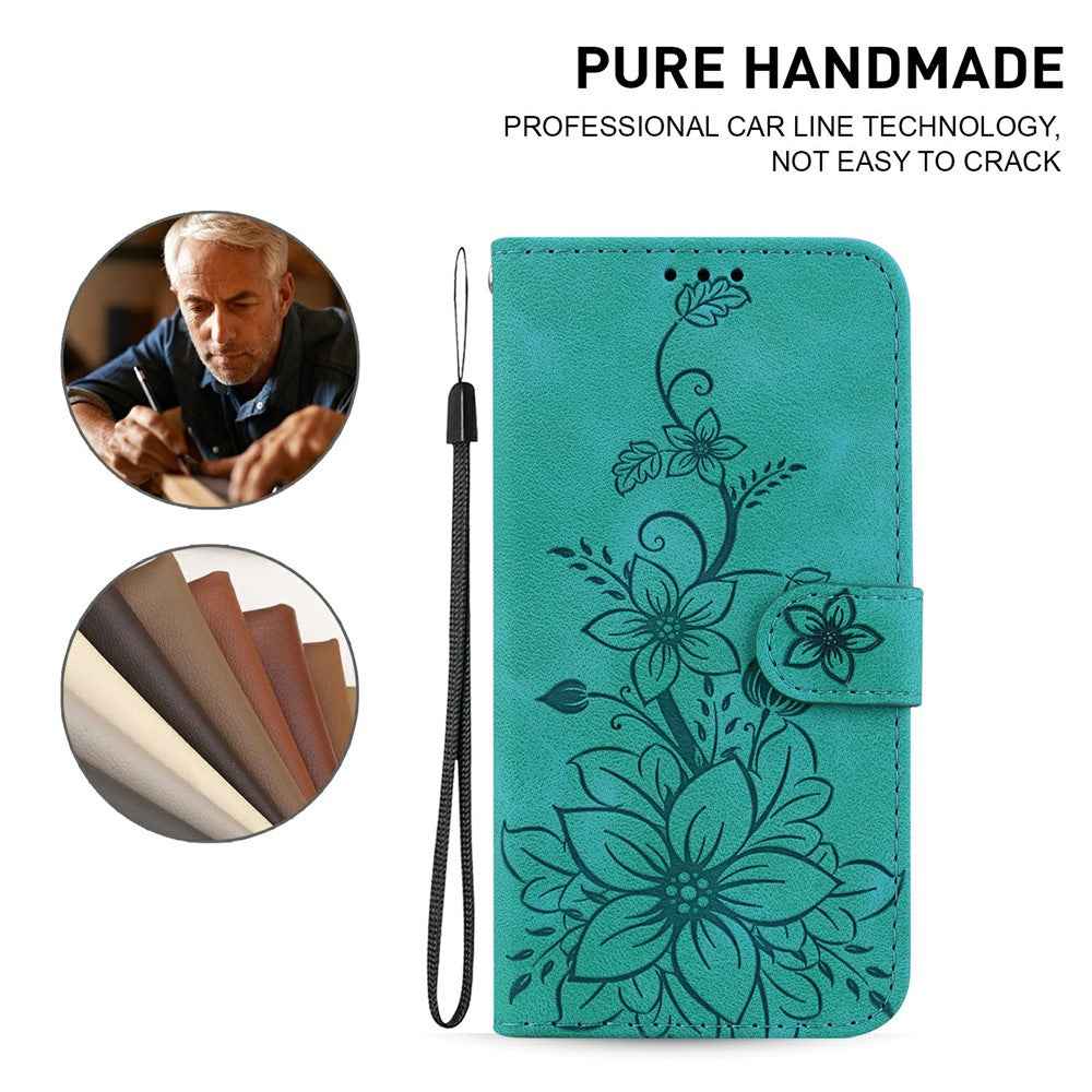 For Samsung Galaxy A57 5G Stand Case Lily Flower Imprint Leather Phone Cover with Wrist Strap - Green