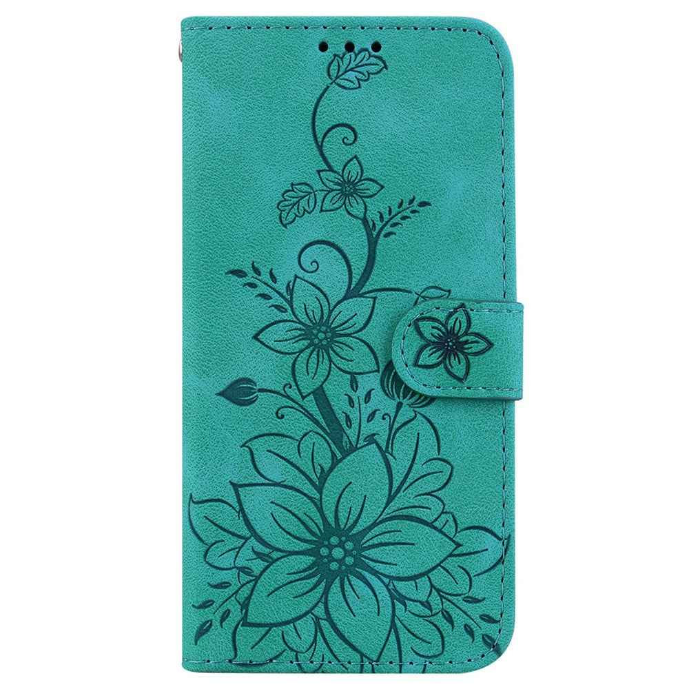 For Samsung Galaxy A57 5G Stand Case Lily Flower Imprint Leather Phone Cover with Wrist Strap - Green