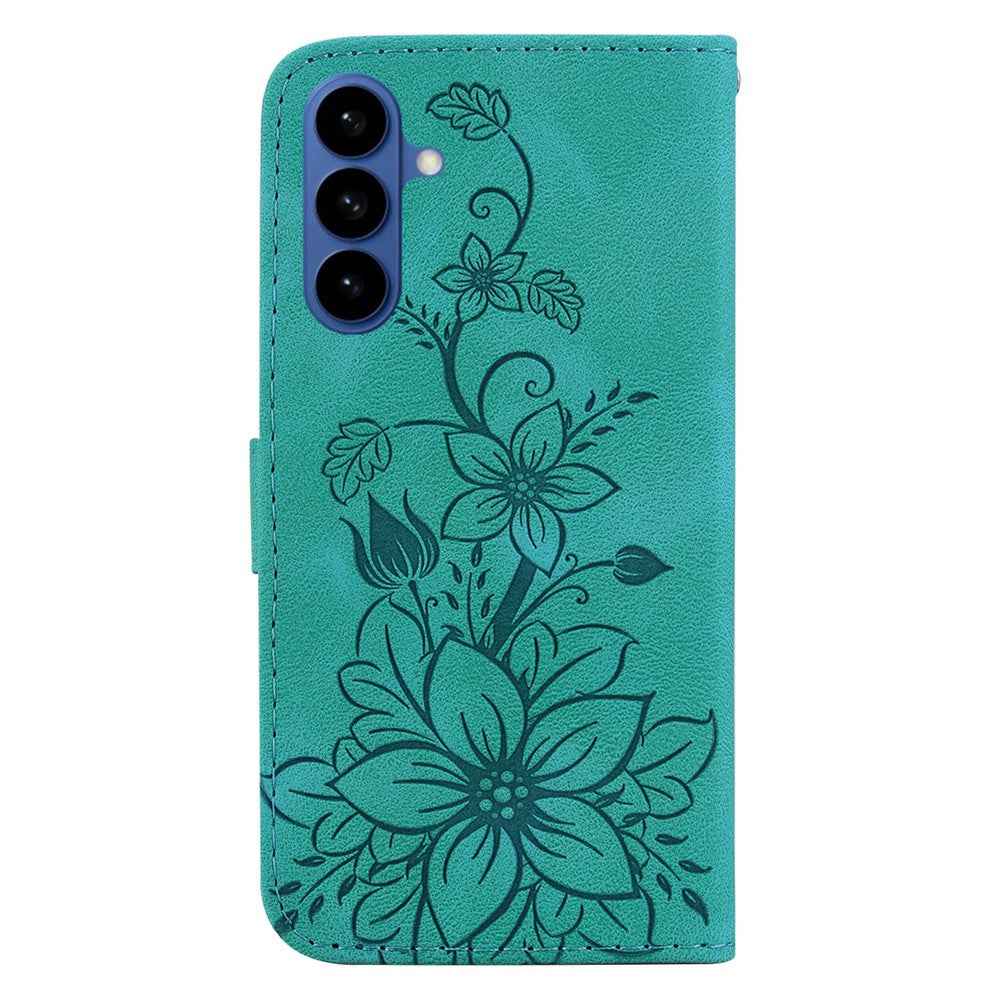 For Samsung Galaxy A57 5G Stand Case Lily Flower Imprint Leather Phone Cover with Wrist Strap - Green