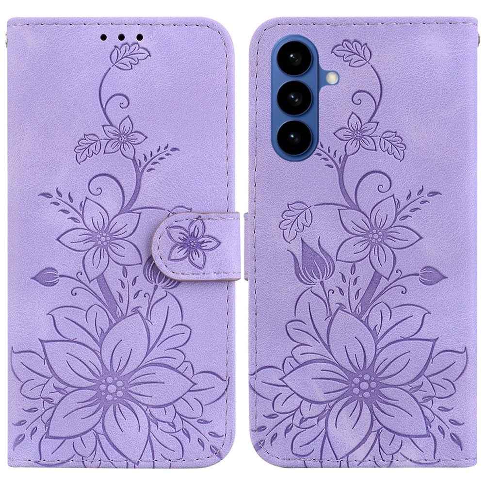 For Samsung Galaxy A57 5G Stand Case Lily Flower Imprint Leather Phone Cover with Wrist Strap - Purple