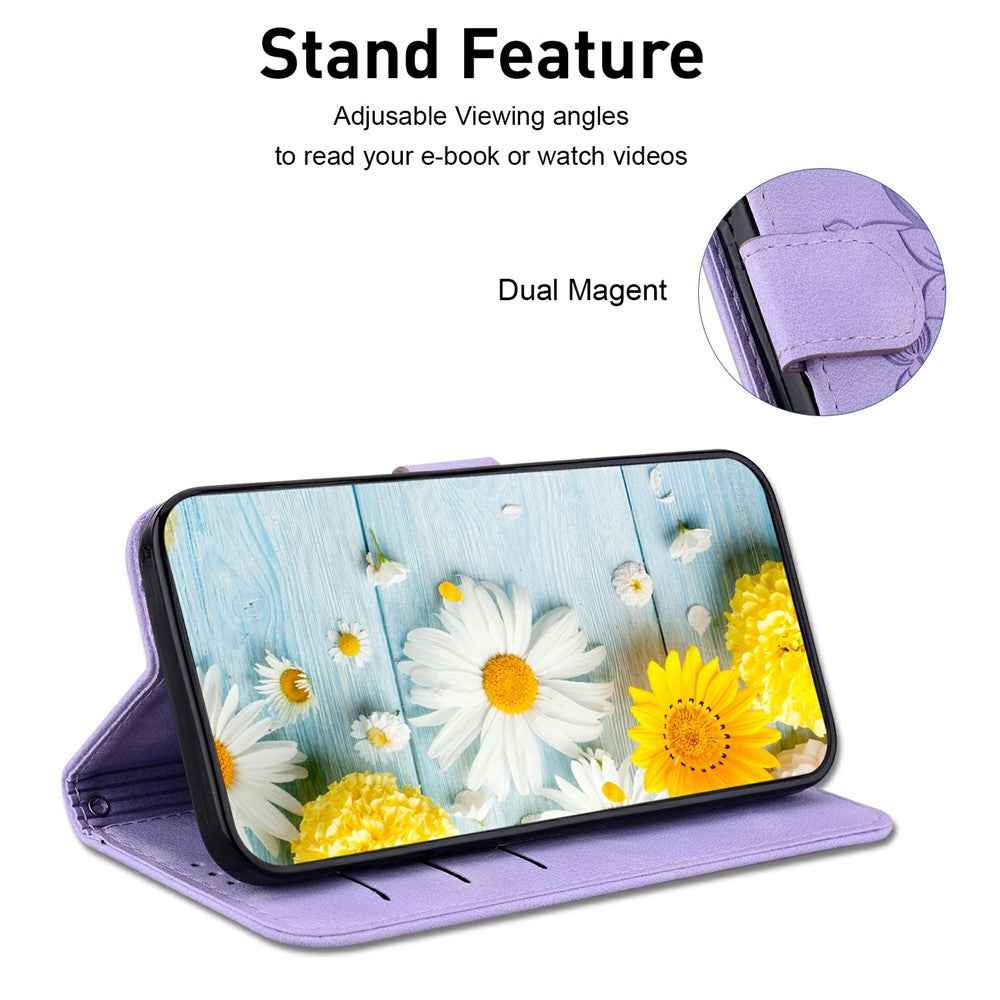 For Samsung Galaxy A57 5G Stand Case Lily Flower Imprint Leather Phone Cover with Wrist Strap - Purple