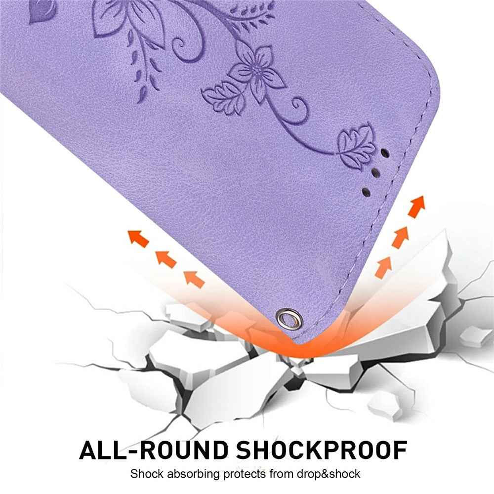 For Samsung Galaxy A57 5G Stand Case Lily Flower Imprint Leather Phone Cover with Wrist Strap - Purple