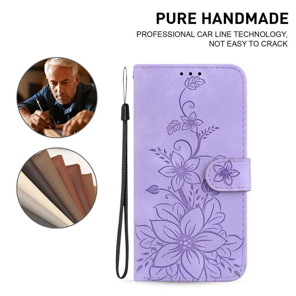 For Samsung Galaxy A57 5G Stand Case Lily Flower Imprint Leather Phone Cover with Wrist Strap - Purple