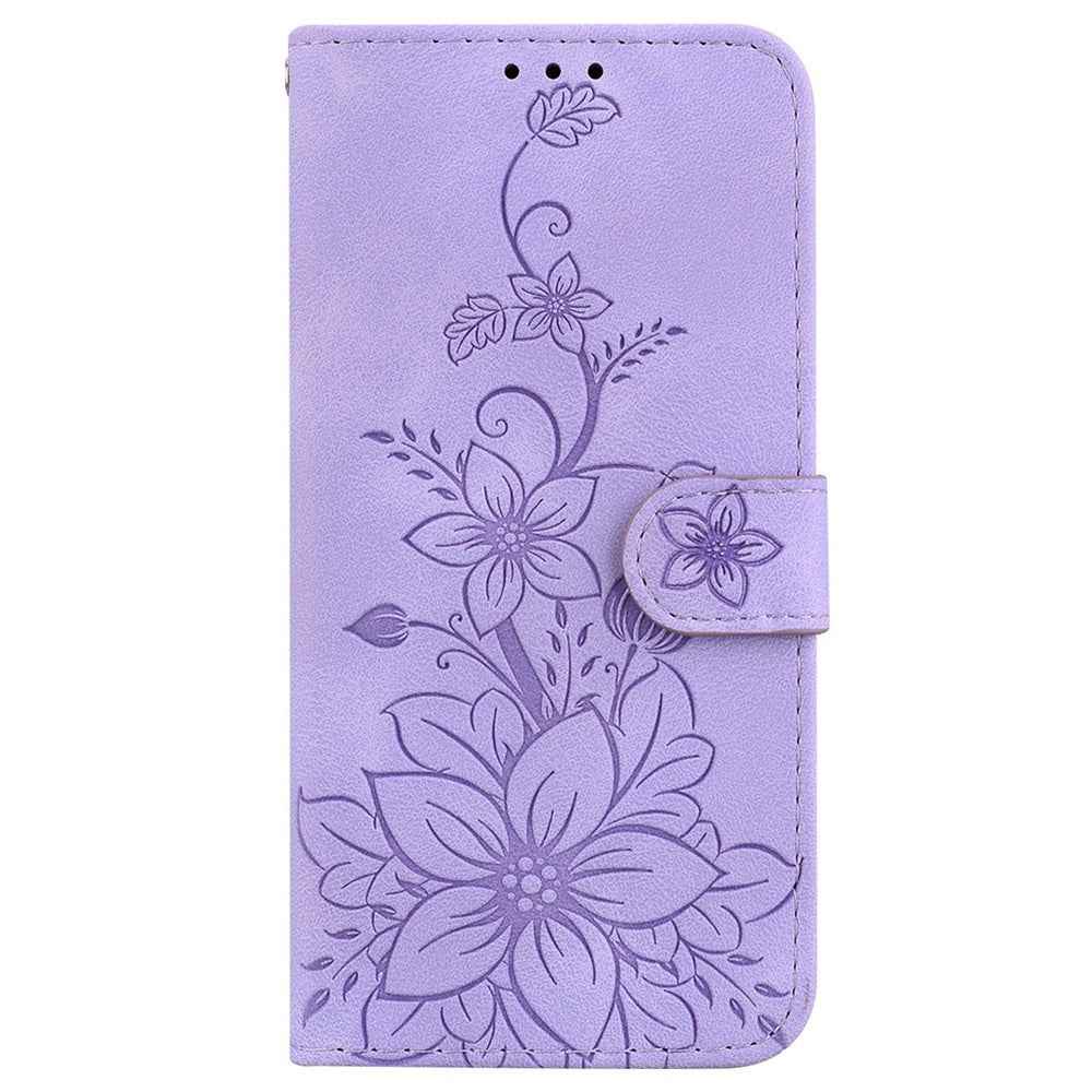 For Samsung Galaxy A57 5G Stand Case Lily Flower Imprint Leather Phone Cover with Wrist Strap - Purple
