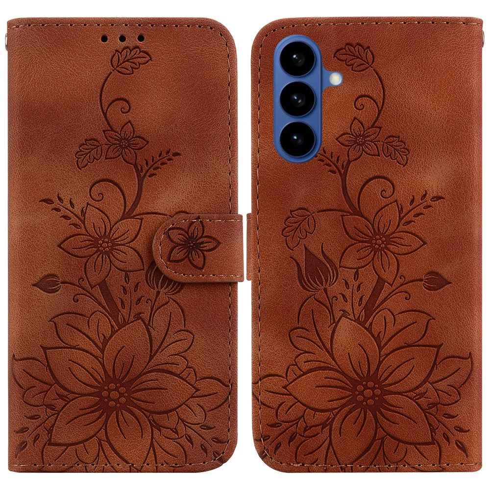 For Samsung Galaxy A57 5G Stand Case Lily Flower Imprint Leather Phone Cover with Wrist Strap - Brown