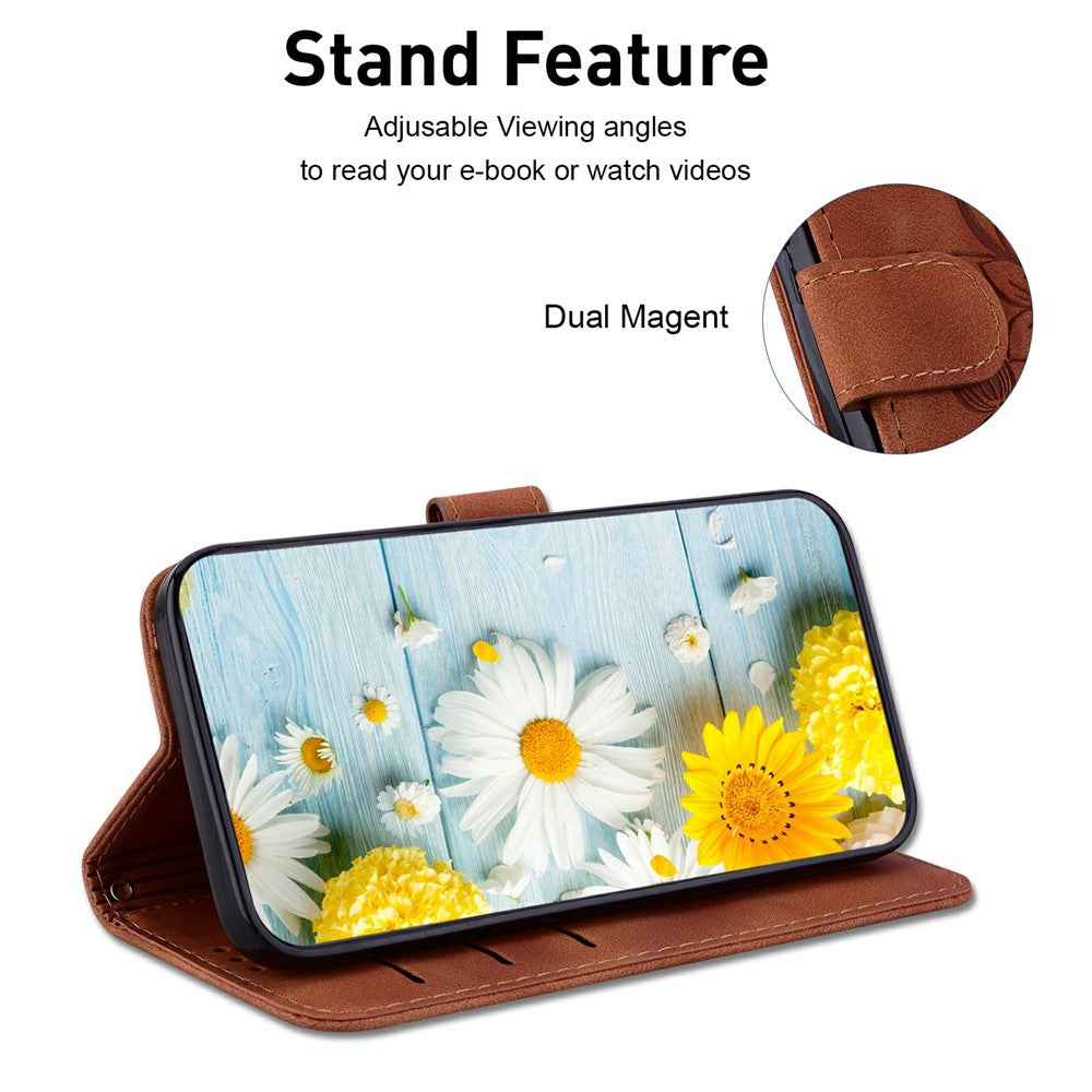 For Samsung Galaxy A57 5G Stand Case Lily Flower Imprint Leather Phone Cover with Wrist Strap - Brown