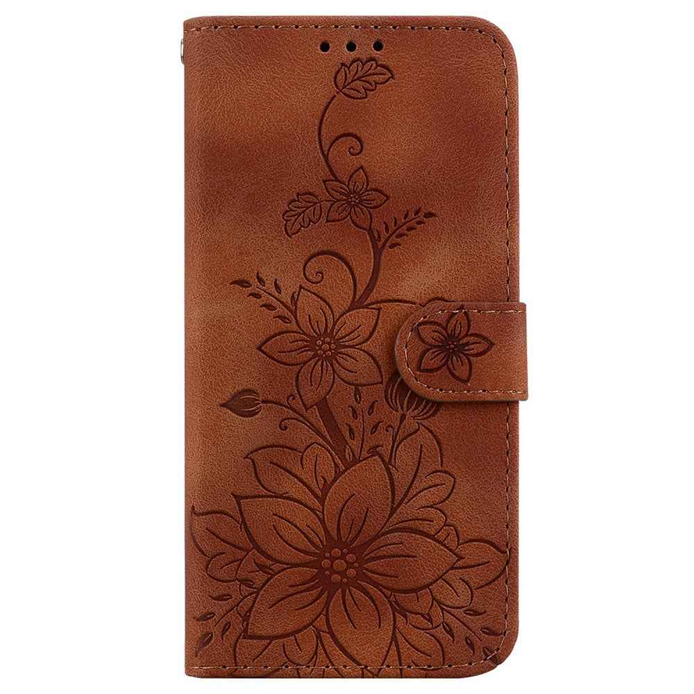 For Samsung Galaxy A57 5G Stand Case Lily Flower Imprint Leather Phone Cover with Wrist Strap - Brown