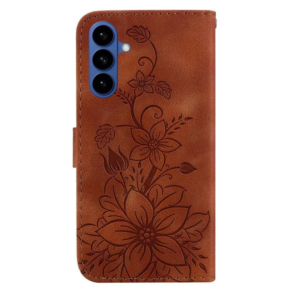 For Samsung Galaxy A57 5G Stand Case Lily Flower Imprint Leather Phone Cover with Wrist Strap - Brown