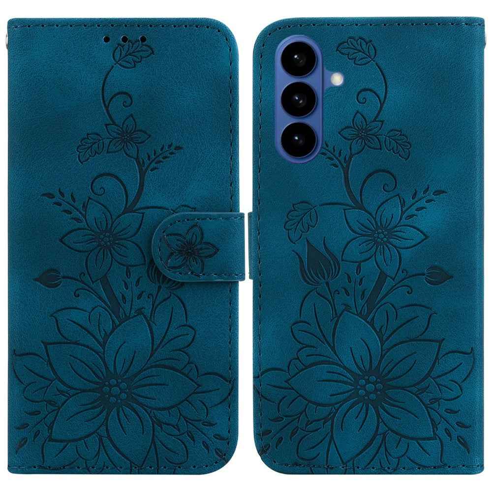 For Samsung Galaxy A57 5G Stand Case Lily Flower Imprint Leather Phone Cover with Wrist Strap - Dark Blue