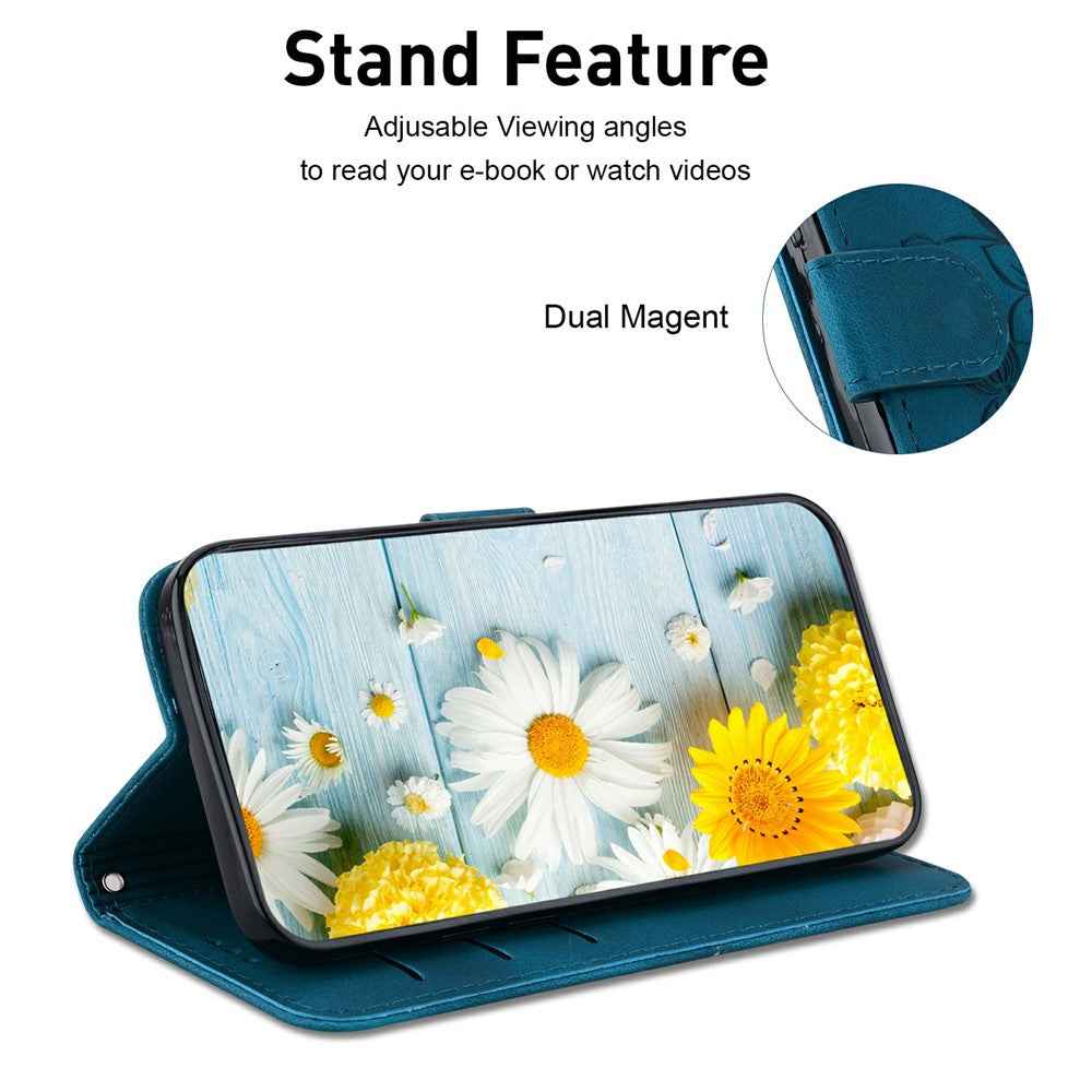 For Samsung Galaxy A57 5G Stand Case Lily Flower Imprint Leather Phone Cover with Wrist Strap - Dark Blue