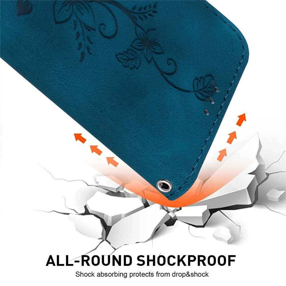 For Samsung Galaxy A57 5G Stand Case Lily Flower Imprint Leather Phone Cover with Wrist Strap - Dark Blue