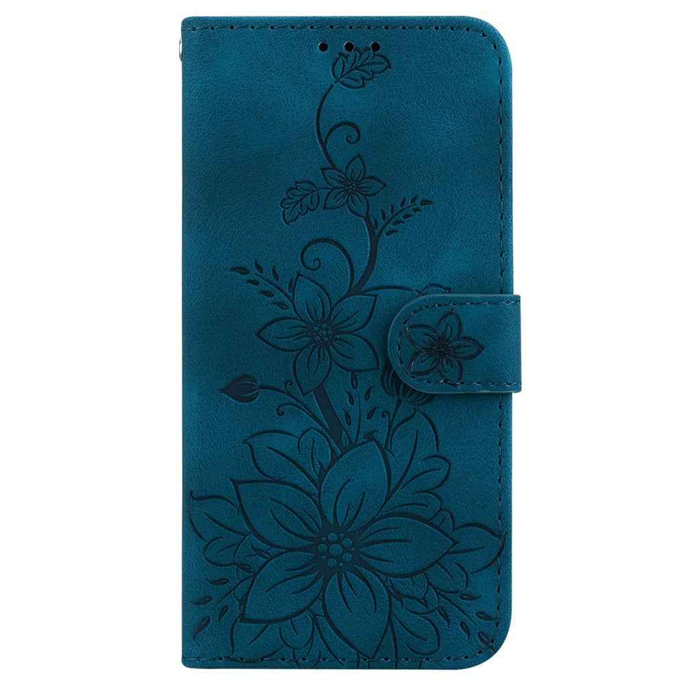 For Samsung Galaxy A57 5G Stand Case Lily Flower Imprint Leather Phone Cover with Wrist Strap - Dark Blue