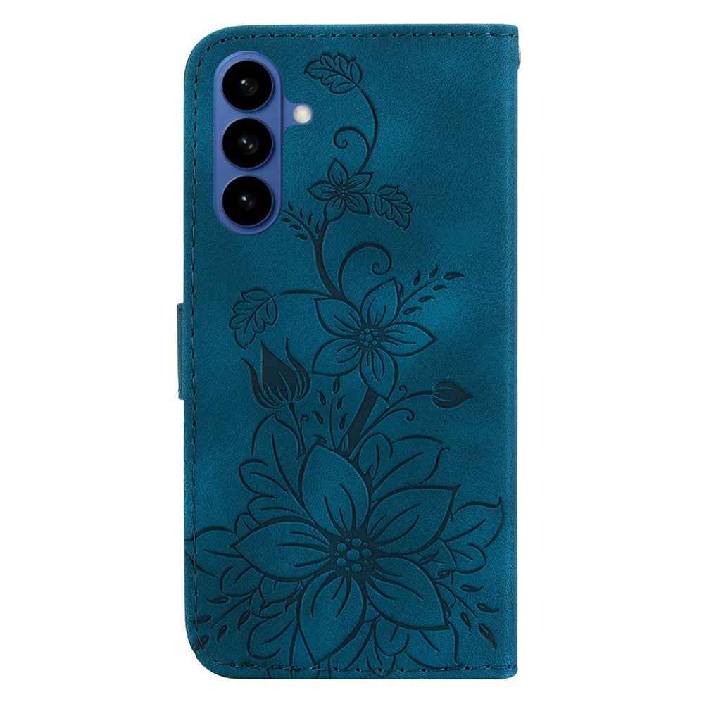 For Samsung Galaxy A57 5G Stand Case Lily Flower Imprint Leather Phone Cover with Wrist Strap - Dark Blue