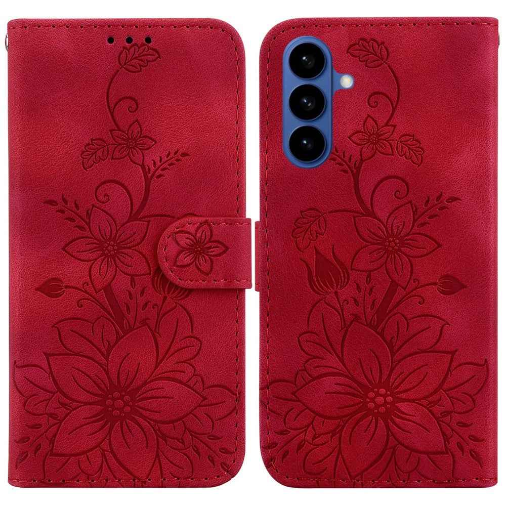For Samsung Galaxy A57 5G Stand Case Lily Flower Imprint Leather Phone Cover with Wrist Strap - Red