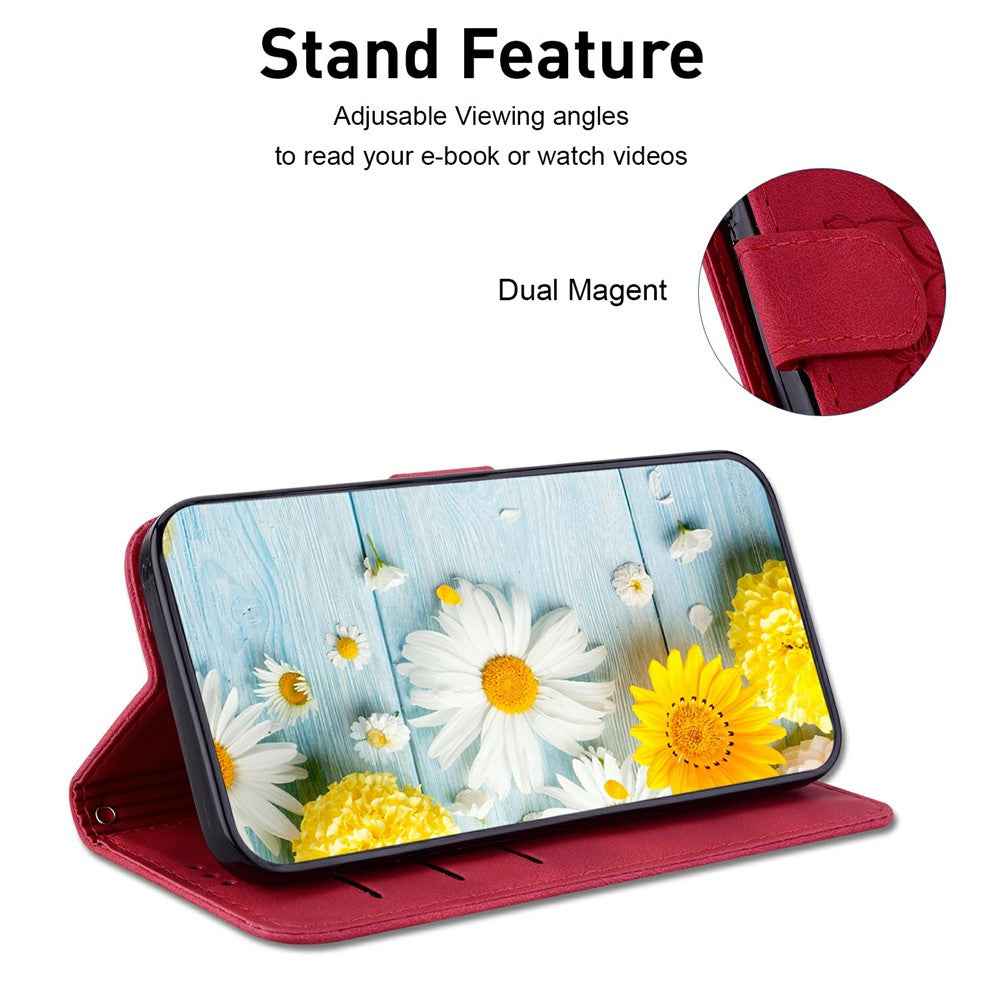 For Samsung Galaxy A57 5G Stand Case Lily Flower Imprint Leather Phone Cover with Wrist Strap - Red