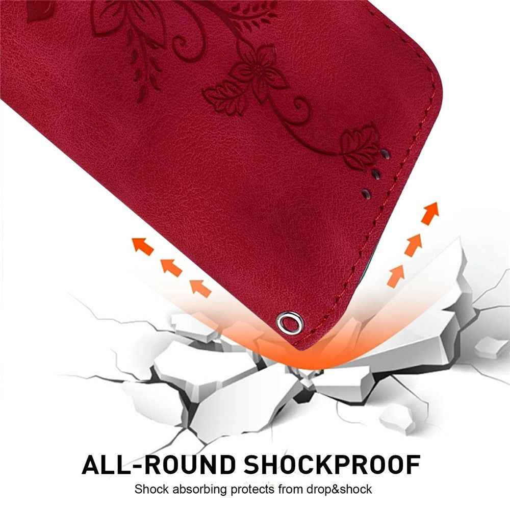 For Samsung Galaxy A57 5G Stand Case Lily Flower Imprint Leather Phone Cover with Wrist Strap - Red