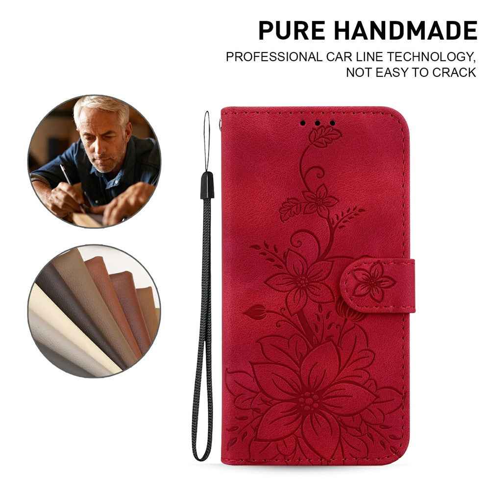 For Samsung Galaxy A57 5G Stand Case Lily Flower Imprint Leather Phone Cover with Wrist Strap - Red