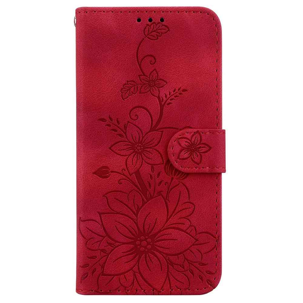 For Samsung Galaxy A57 5G Stand Case Lily Flower Imprint Leather Phone Cover with Wrist Strap - Red