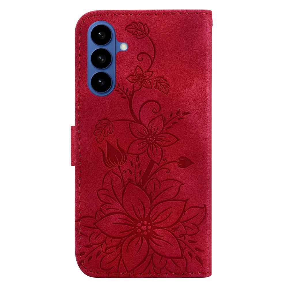 For Samsung Galaxy A57 5G Stand Case Lily Flower Imprint Leather Phone Cover with Wrist Strap - Red