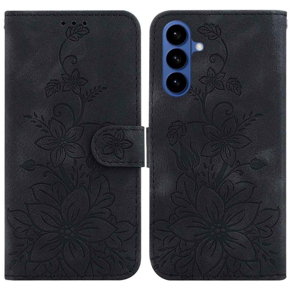 For Samsung Galaxy A57 5G Stand Case Lily Flower Imprint Leather Phone Cover with Wrist Strap - Black